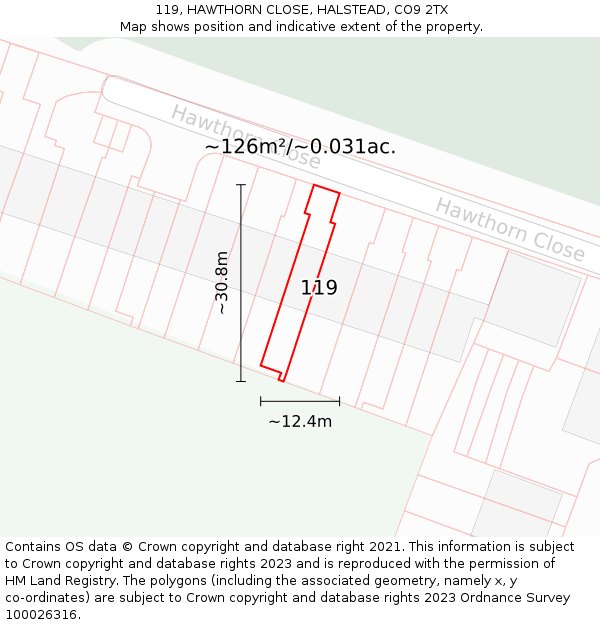 119, HAWTHORN CLOSE, HALSTEAD, CO9 2TX: Plot and title map