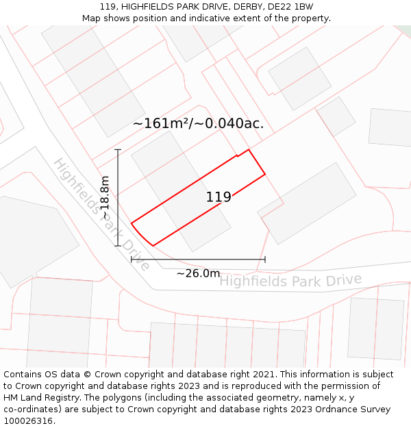 119, HIGHFIELDS PARK DRIVE, DERBY, DE22 1BW: Plot and title map