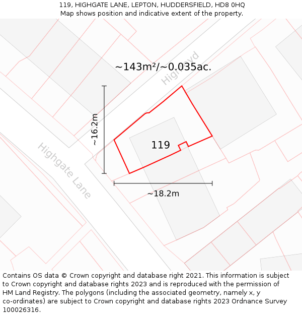 119, HIGHGATE LANE, LEPTON, HUDDERSFIELD, HD8 0HQ: Plot and title map