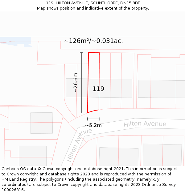 119, HILTON AVENUE, SCUNTHORPE, DN15 8BE: Plot and title map