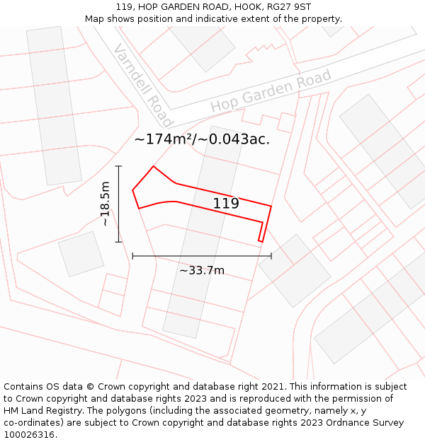 119, HOP GARDEN ROAD, HOOK, RG27 9ST: Plot and title map