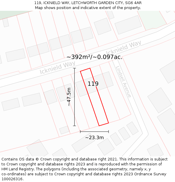 119, ICKNIELD WAY, LETCHWORTH GARDEN CITY, SG6 4AR: Plot and title map