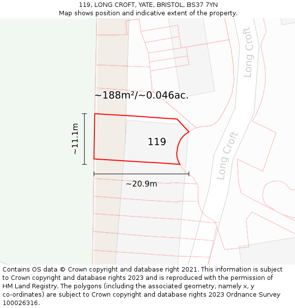 119, LONG CROFT, YATE, BRISTOL, BS37 7YN: Plot and title map
