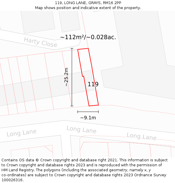 119, LONG LANE, GRAYS, RM16 2PP: Plot and title map