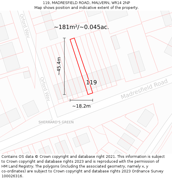 119, MADRESFIELD ROAD, MALVERN, WR14 2NP: Plot and title map