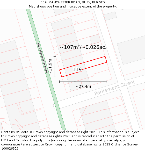 119, MANCHESTER ROAD, BURY, BL9 0TD: Plot and title map
