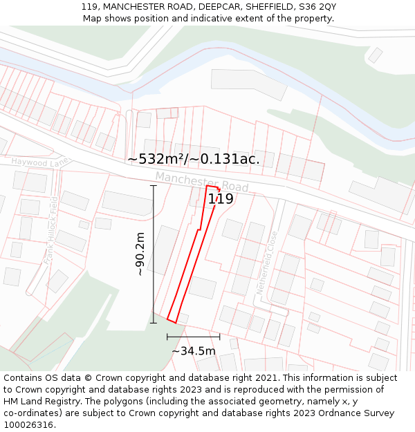 119, MANCHESTER ROAD, DEEPCAR, SHEFFIELD, S36 2QY: Plot and title map