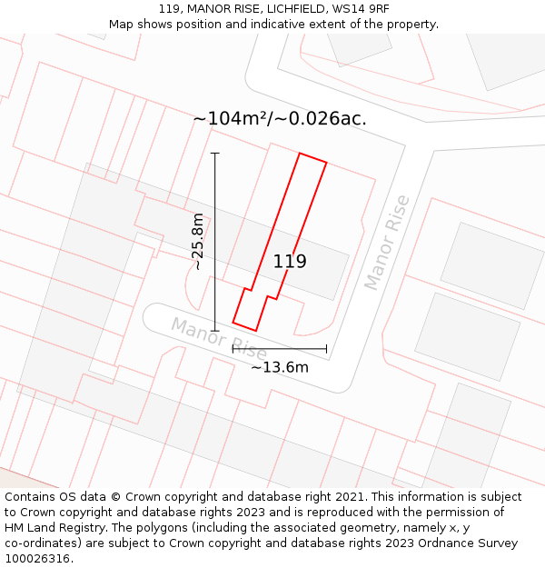 119, MANOR RISE, LICHFIELD, WS14 9RF: Plot and title map