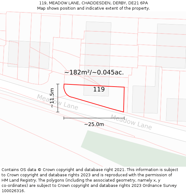 119, MEADOW LANE, CHADDESDEN, DERBY, DE21 6PA: Plot and title map