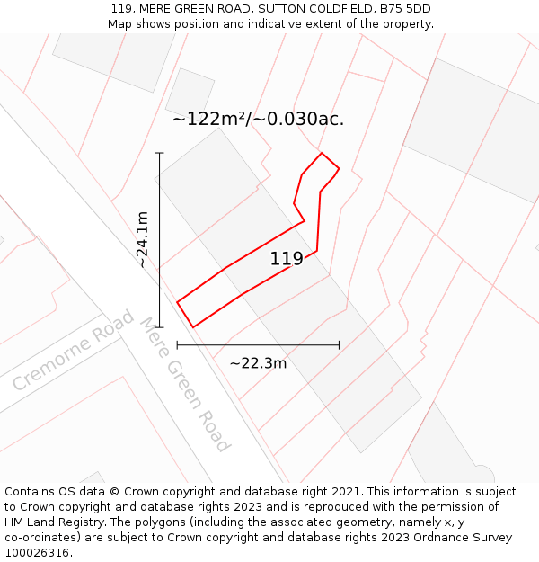 119, MERE GREEN ROAD, SUTTON COLDFIELD, B75 5DD: Plot and title map