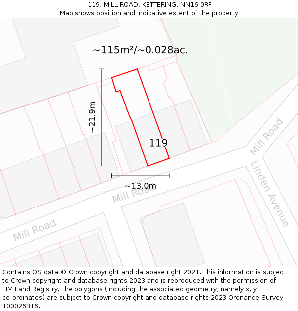 119, MILL ROAD, KETTERING, NN16 0RF: Plot and title map