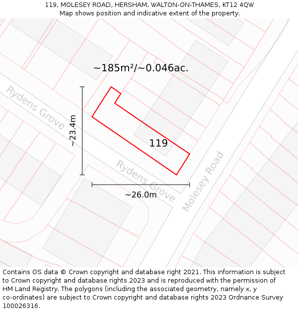 119, MOLESEY ROAD, HERSHAM, WALTON-ON-THAMES, KT12 4QW: Plot and title map