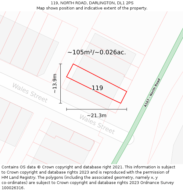 119, NORTH ROAD, DARLINGTON, DL1 2PS: Plot and title map