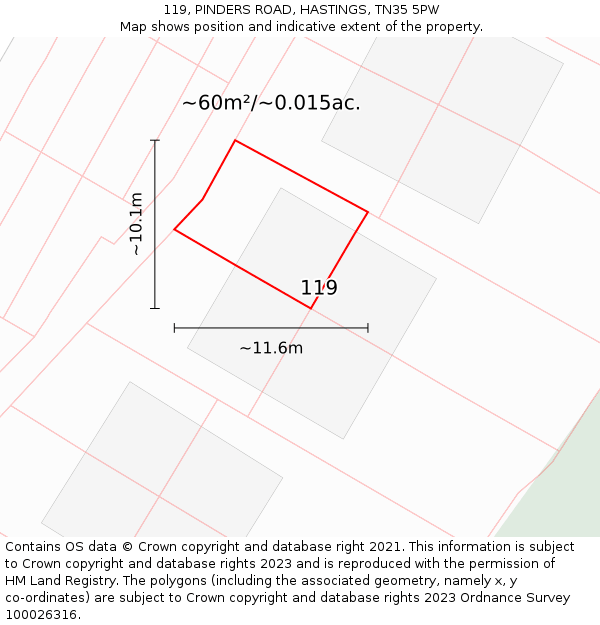 119, PINDERS ROAD, HASTINGS, TN35 5PW: Plot and title map