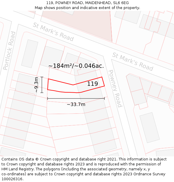 119, POWNEY ROAD, MAIDENHEAD, SL6 6EG: Plot and title map