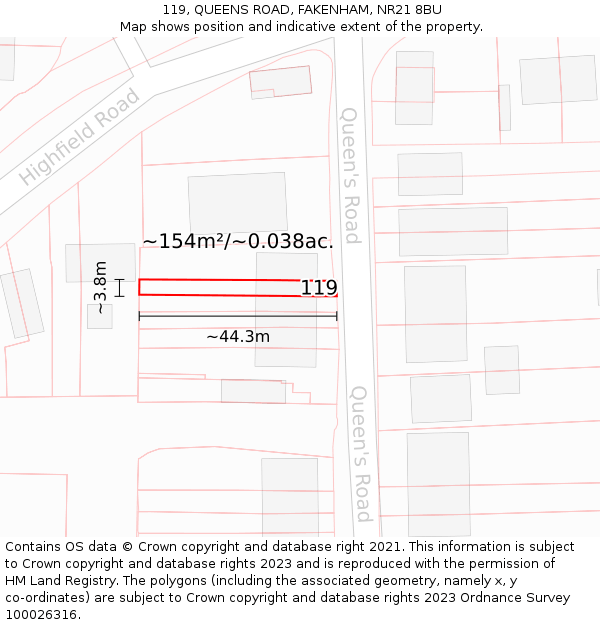119, QUEENS ROAD, FAKENHAM, NR21 8BU: Plot and title map