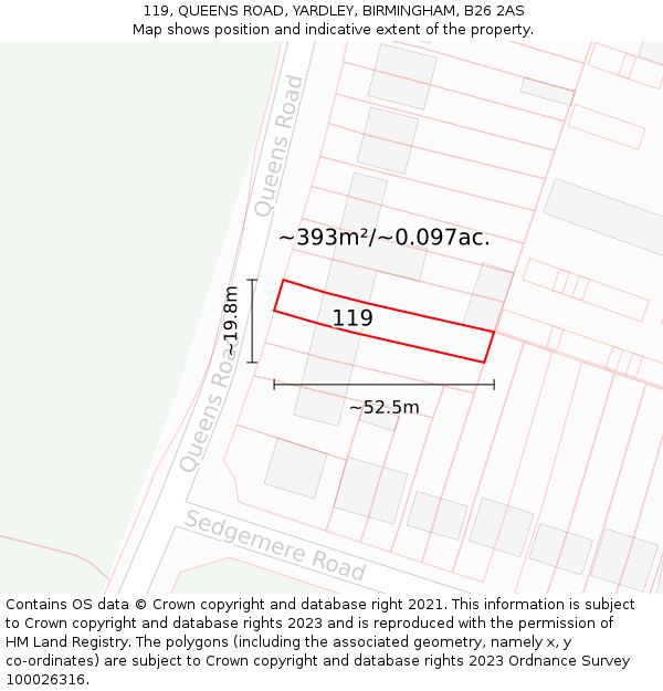 119, QUEENS ROAD, YARDLEY, BIRMINGHAM, B26 2AS: Plot and title map