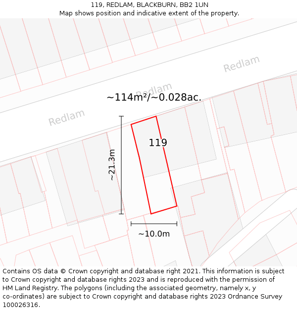 119, REDLAM, BLACKBURN, BB2 1UN: Plot and title map