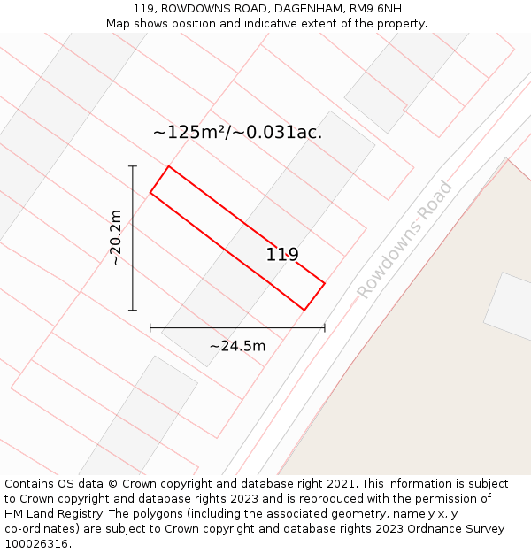 119, ROWDOWNS ROAD, DAGENHAM, RM9 6NH: Plot and title map
