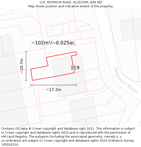119, SEYMOUR ROAD, ALCESTER, B49 6EF: Plot and title map