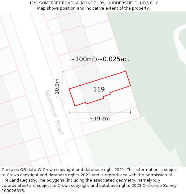 119, SOMERSET ROAD, ALMONDBURY, HUDDERSFIELD, HD5 8HY: Plot and title map