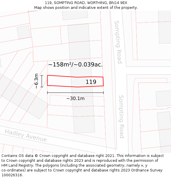 119, SOMPTING ROAD, WORTHING, BN14 9EX: Plot and title map