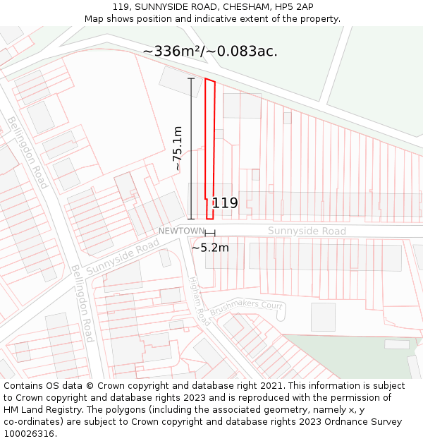 119, SUNNYSIDE ROAD, CHESHAM, HP5 2AP: Plot and title map