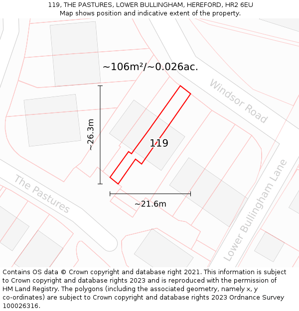 119, THE PASTURES, LOWER BULLINGHAM, HEREFORD, HR2 6EU: Plot and title map