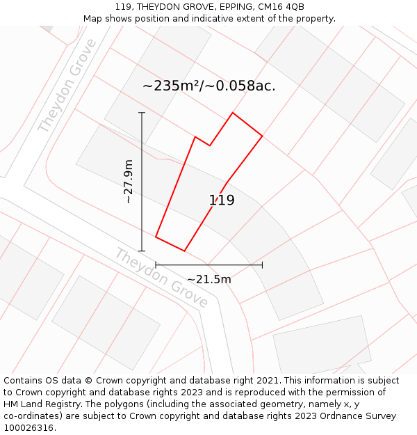 119, THEYDON GROVE, EPPING, CM16 4QB: Plot and title map