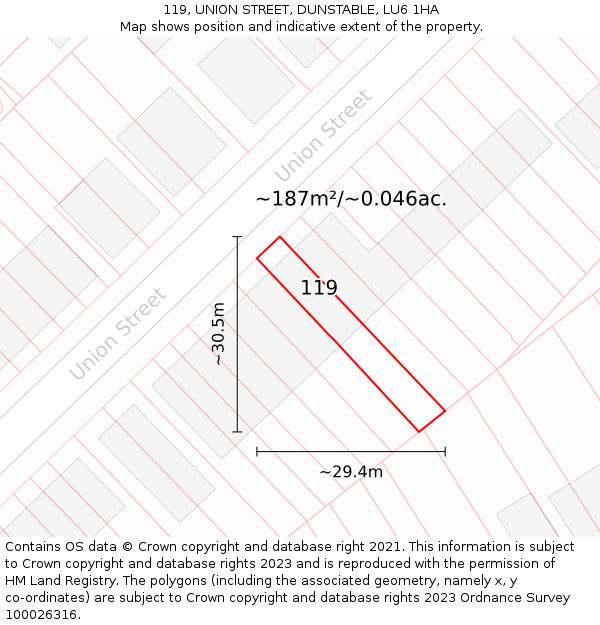 119, UNION STREET, DUNSTABLE, LU6 1HA: Plot and title map