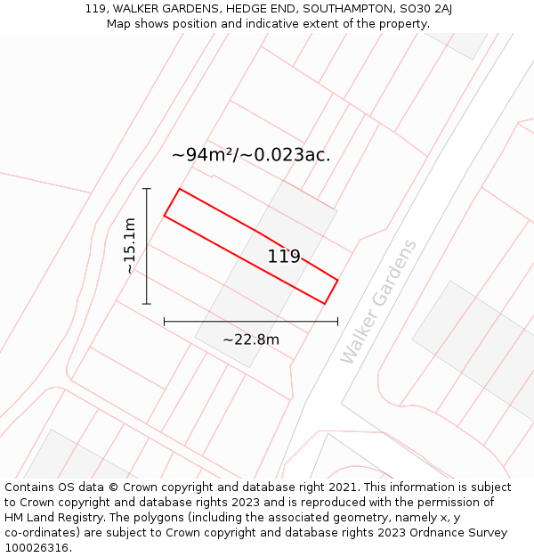 119, WALKER GARDENS, HEDGE END, SOUTHAMPTON, SO30 2AJ: Plot and title map