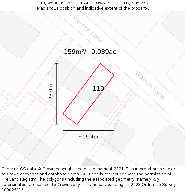 119, WARREN LANE, CHAPELTOWN, SHEFFIELD, S35 2YD: Plot and title map
