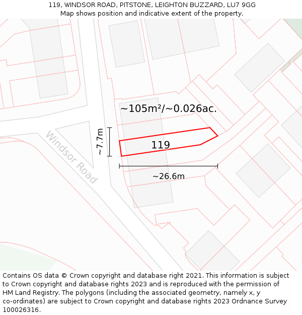 119, WINDSOR ROAD, PITSTONE, LEIGHTON BUZZARD, LU7 9GG: Plot and title map
