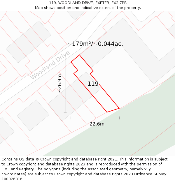 119, WOODLAND DRIVE, EXETER, EX2 7PR: Plot and title map