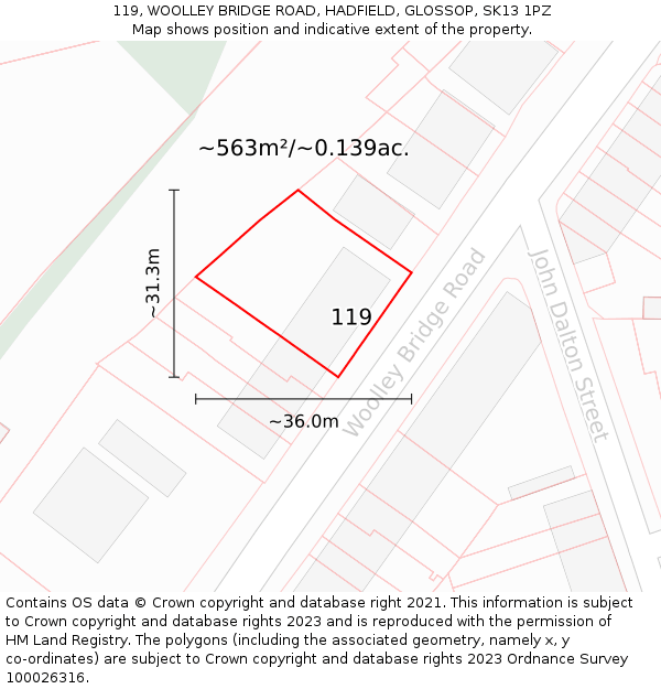 119, WOOLLEY BRIDGE ROAD, HADFIELD, GLOSSOP, SK13 1PZ: Plot and title map