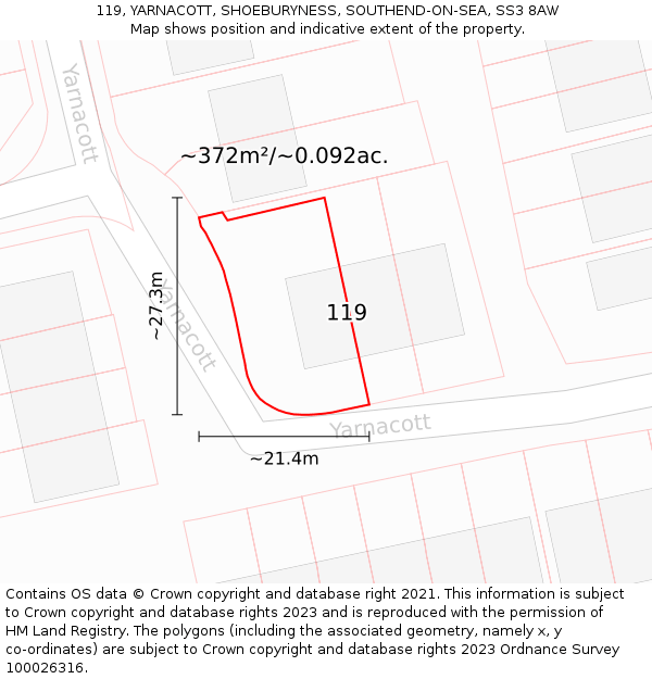 119, YARNACOTT, SHOEBURYNESS, SOUTHEND-ON-SEA, SS3 8AW: Plot and title map