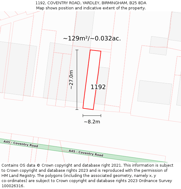 1192, COVENTRY ROAD, YARDLEY, BIRMINGHAM, B25 8DA: Plot and title map