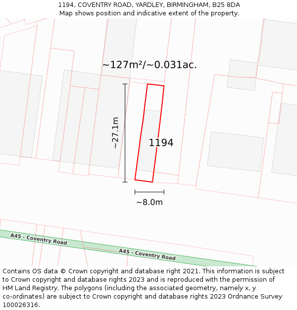 1194, COVENTRY ROAD, YARDLEY, BIRMINGHAM, B25 8DA: Plot and title map