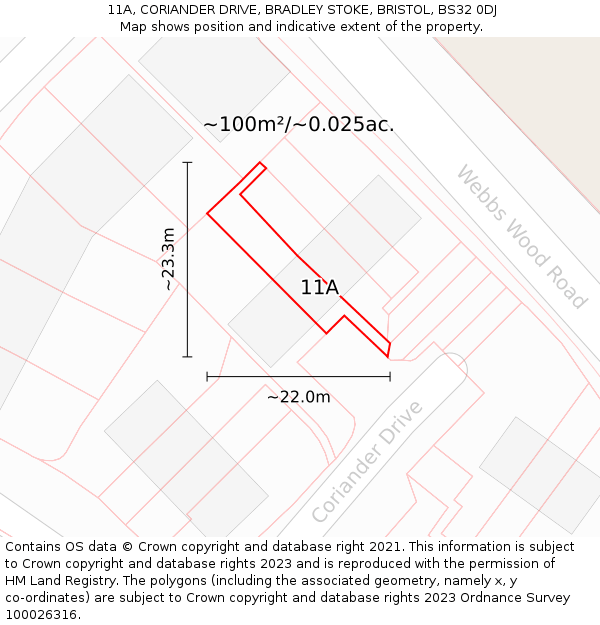 11A, CORIANDER DRIVE, BRADLEY STOKE, BRISTOL, BS32 0DJ: Plot and title map