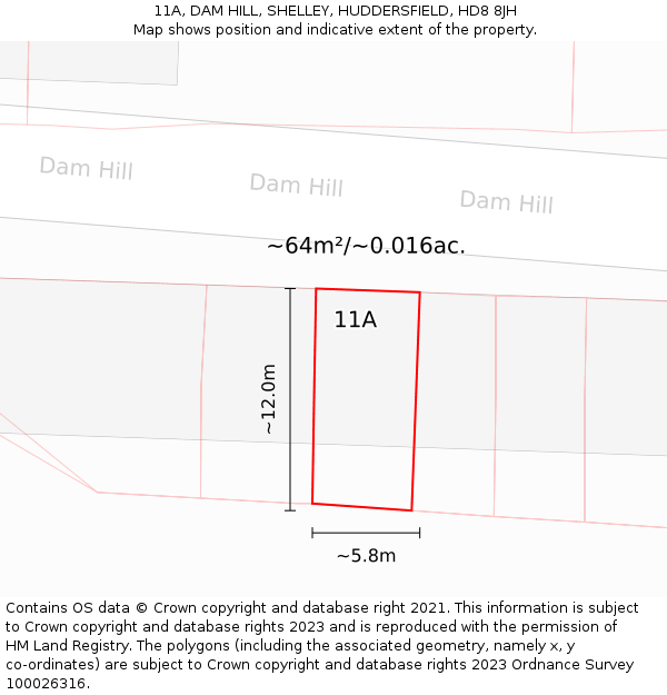 11A, DAM HILL, SHELLEY, HUDDERSFIELD, HD8 8JH: Plot and title map