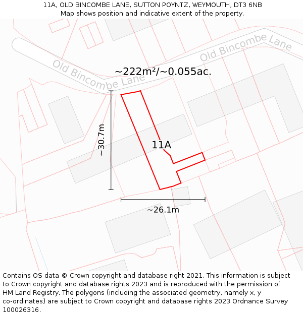 11A, OLD BINCOMBE LANE, SUTTON POYNTZ, WEYMOUTH, DT3 6NB: Plot and title map