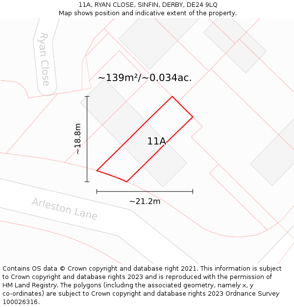 11A, RYAN CLOSE, SINFIN, DERBY, DE24 9LQ: Plot and title map