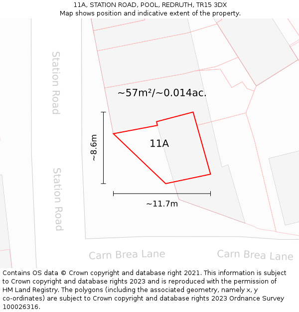 11A, STATION ROAD, POOL, REDRUTH, TR15 3DX: Plot and title map