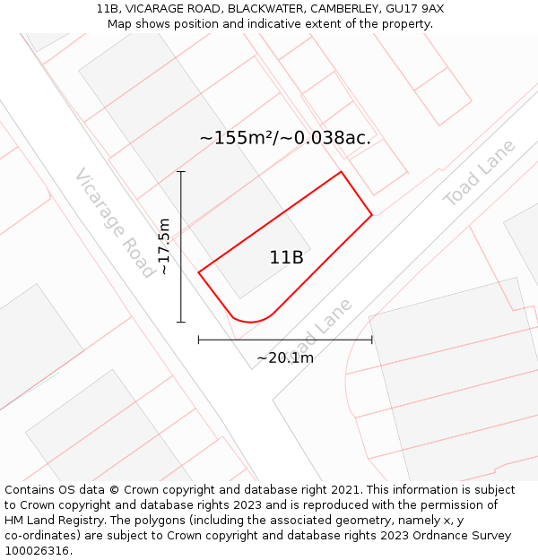 11B, VICARAGE ROAD, BLACKWATER, CAMBERLEY, GU17 9AX: Plot and title map