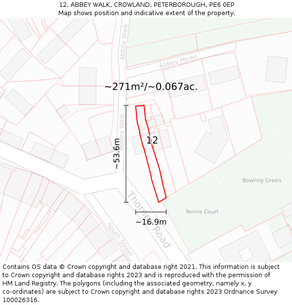 12, ABBEY WALK, CROWLAND, PETERBOROUGH, PE6 0EP: Plot and title map