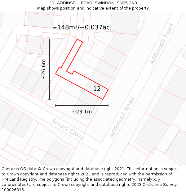 12, ADDINSELL ROAD, SWINDON, SN25 2NR: Plot and title map