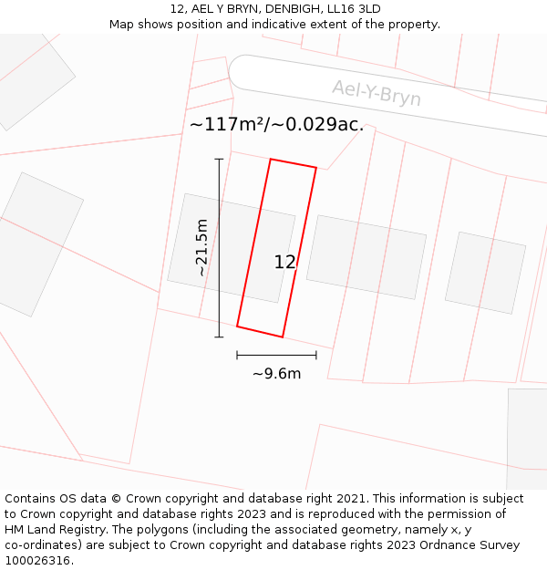 12, AEL Y BRYN, DENBIGH, LL16 3LD: Plot and title map