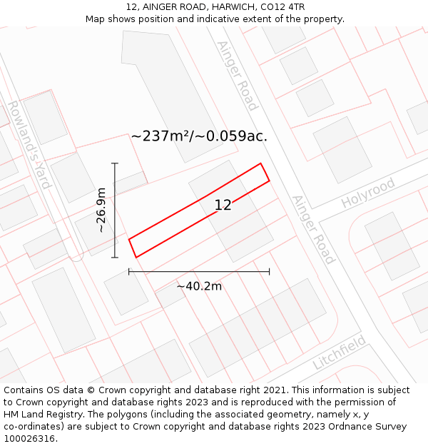12, AINGER ROAD, HARWICH, CO12 4TR: Plot and title map