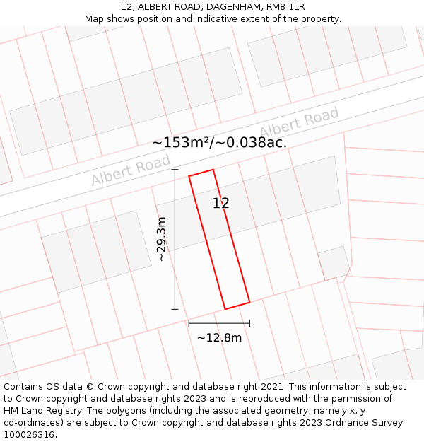 12, ALBERT ROAD, DAGENHAM, RM8 1LR: Plot and title map