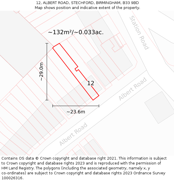 12, ALBERT ROAD, STECHFORD, BIRMINGHAM, B33 9BD: Plot and title map